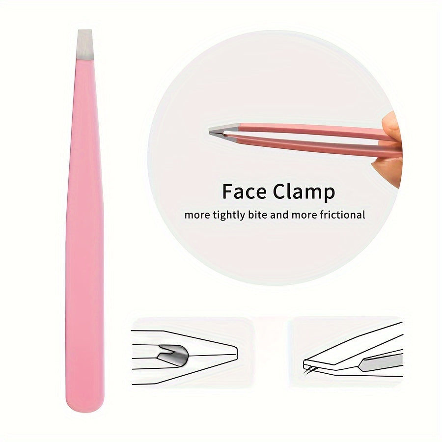 Professional Stainless Steel Tweezers Set – Precision Eyebrow Tweezers for Facial Hair, Splinter & Ingrown Hair Removal, with Storage Bag (Pink)