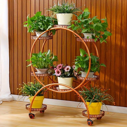 Multilayer Iron Art Flower Rack with Wheels - Floor Standing Indoor Shelves for Green Pots, Household Living Room and Balcony Flower Organizer