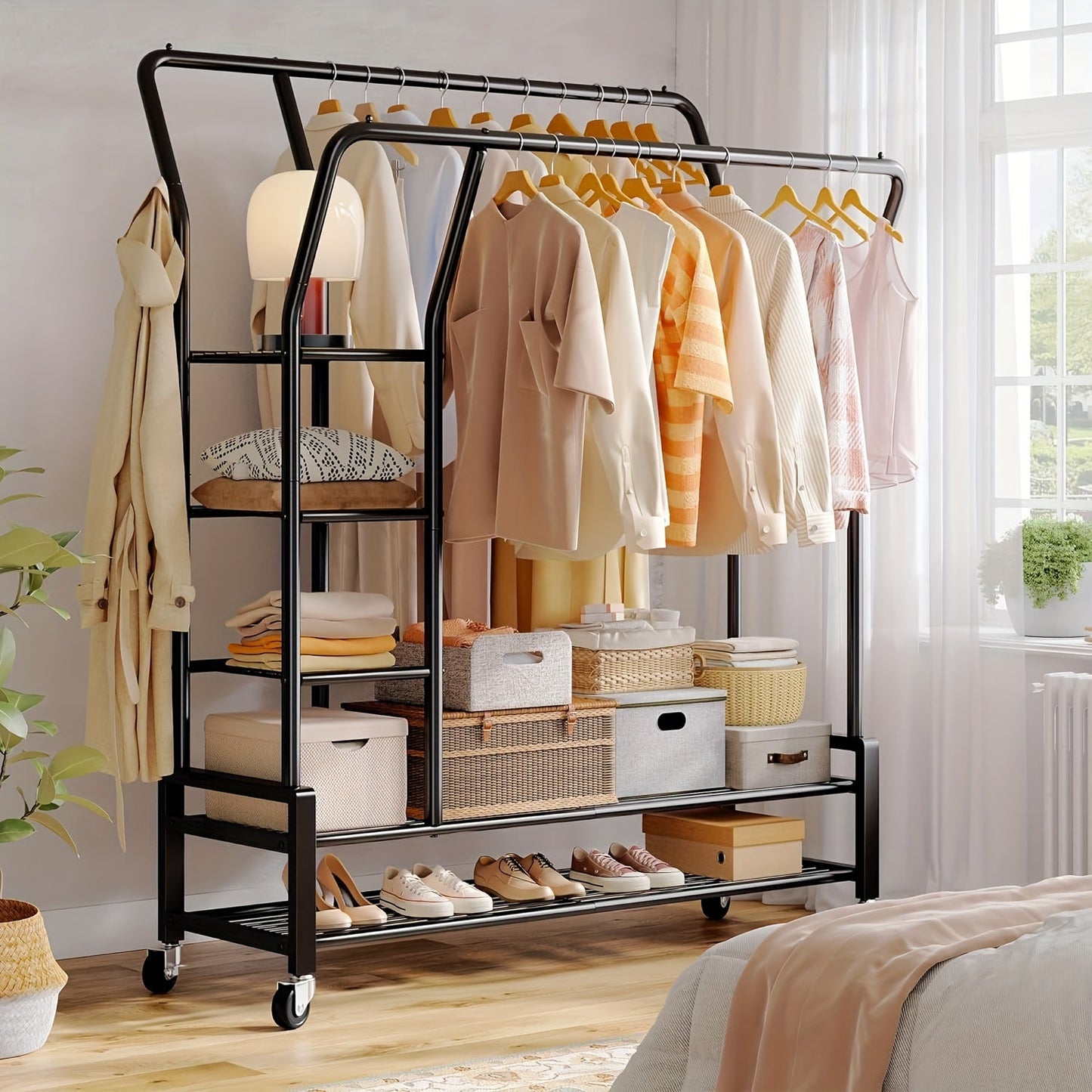 Heavy Duty Double Rod Clothes Rack – 255LBS Capacity, Metal Rolling Closet Rack with Wheels for Hanging Clothes, Laundry Storage Organization