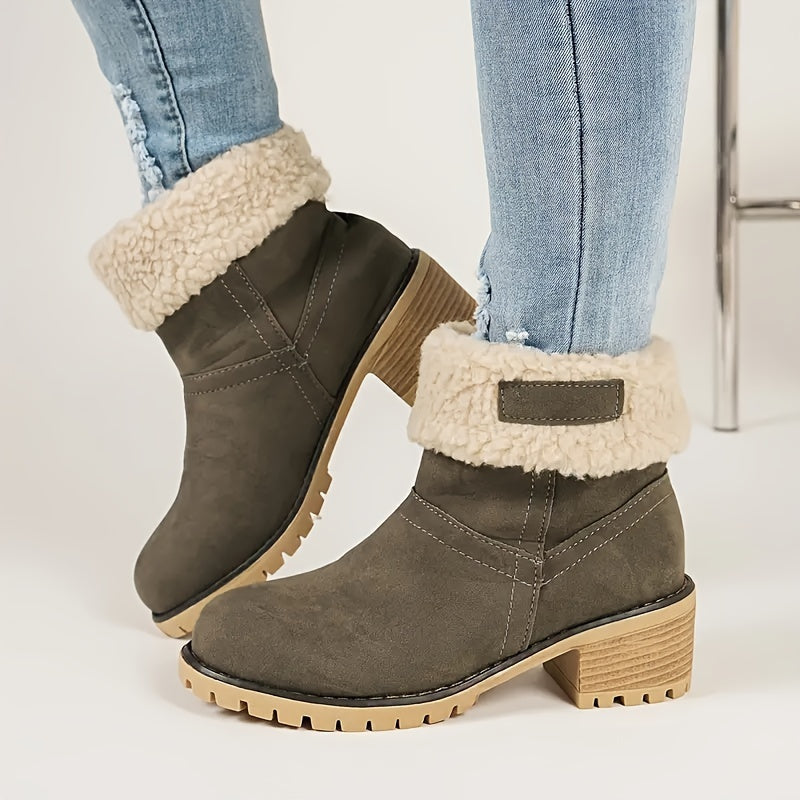Women's Chunky Heel Slip-On Ankle Boots - Plush Lined for Comfort and Warmth