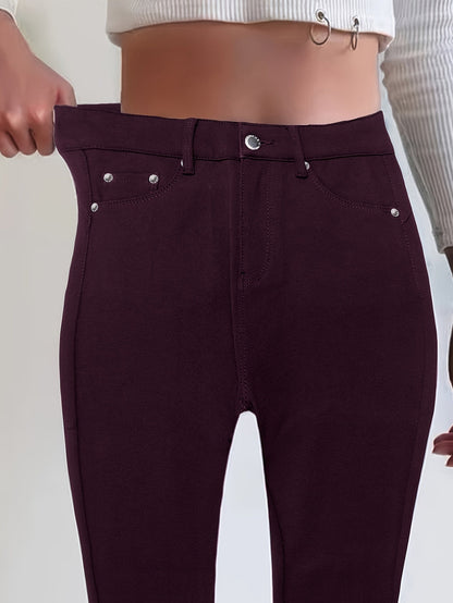 Women's High Waist Stretch Jeans - Street Style Skinny Denim Pants with Metal Button Details, Plain Black Casual Fashion