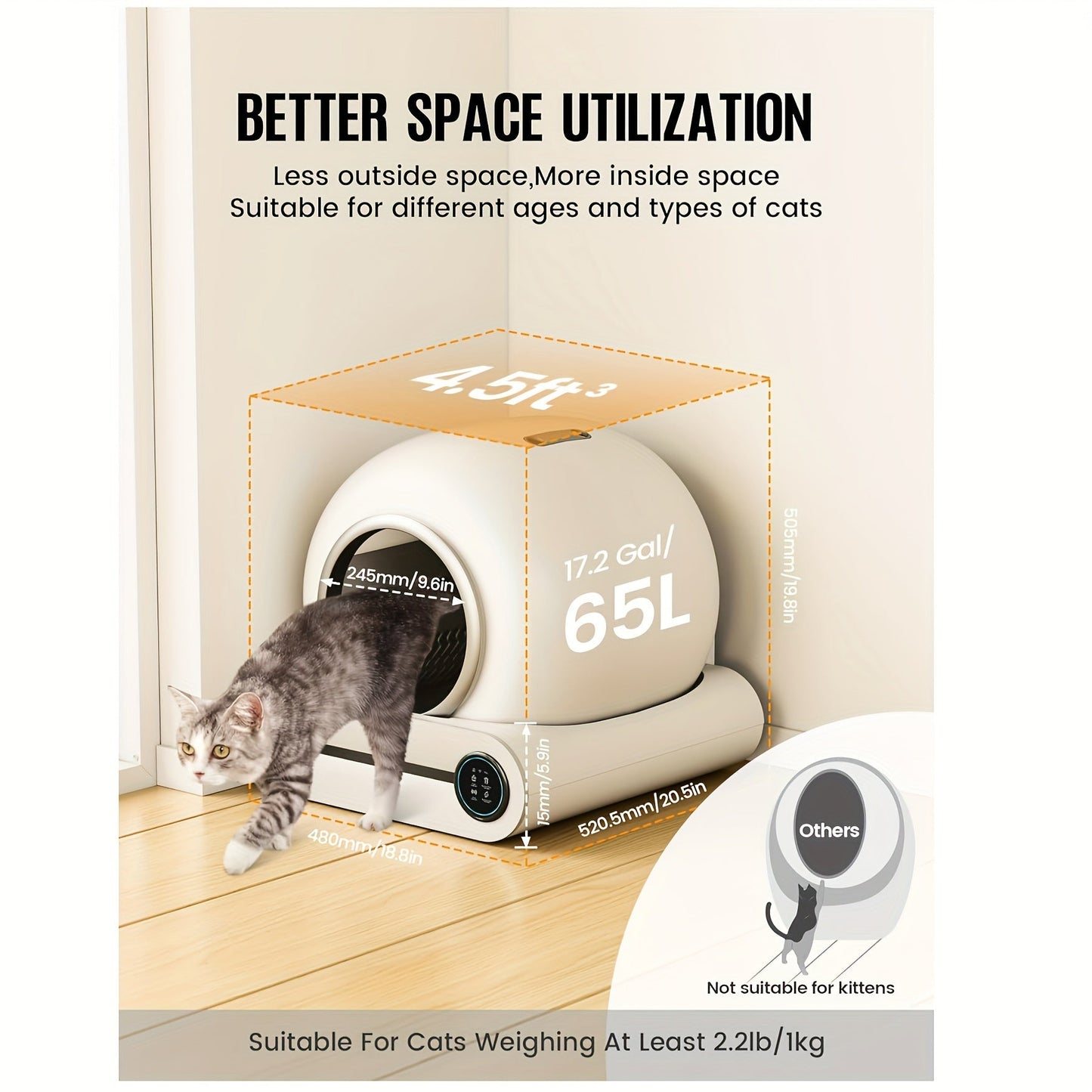 Self-Cleaning Litter Box - Automatic with Pad, 17.17gal+2.38gal Large Capacity, APP Control, Suitable for Multiple Cats