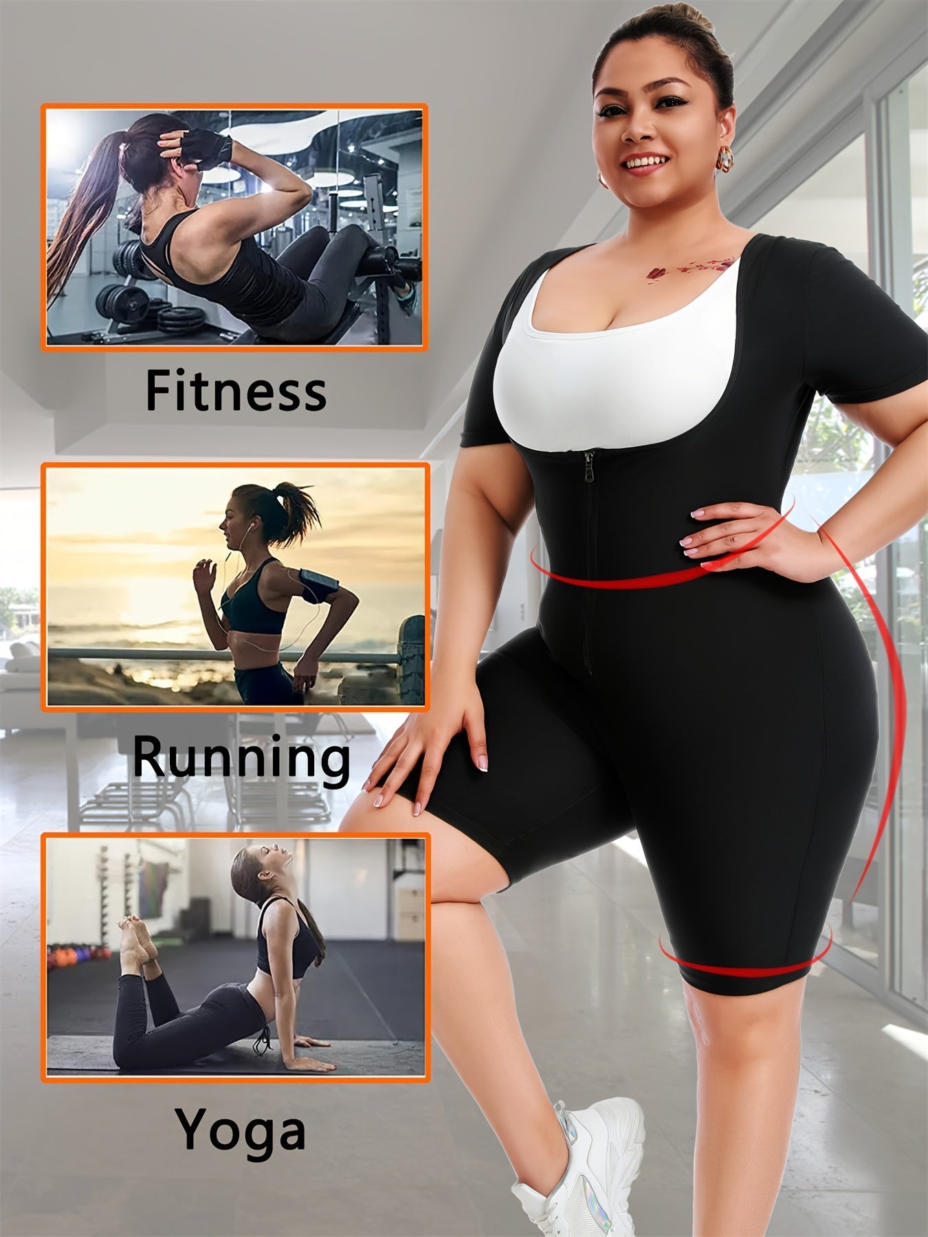 Women's Plus Size Zipper Short Sleeve Sweat Jumpsuit – Running Sweat Fitness Yoga Body Shaper Tunic with Butt Lifting Design