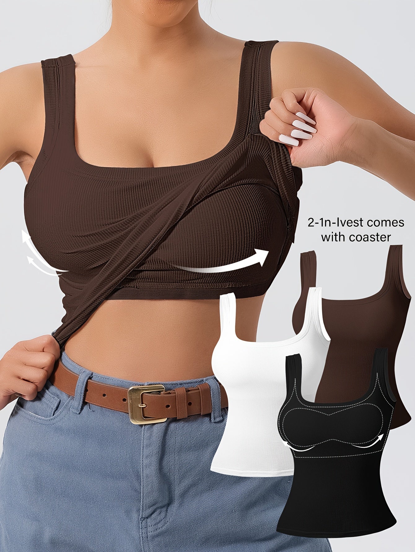 Women's 3-Piece Ribbed U-Back Tank Tops – Slim Fit with Removable Pads, Solid Colors, Casual Layering and Outerwear Camisoles