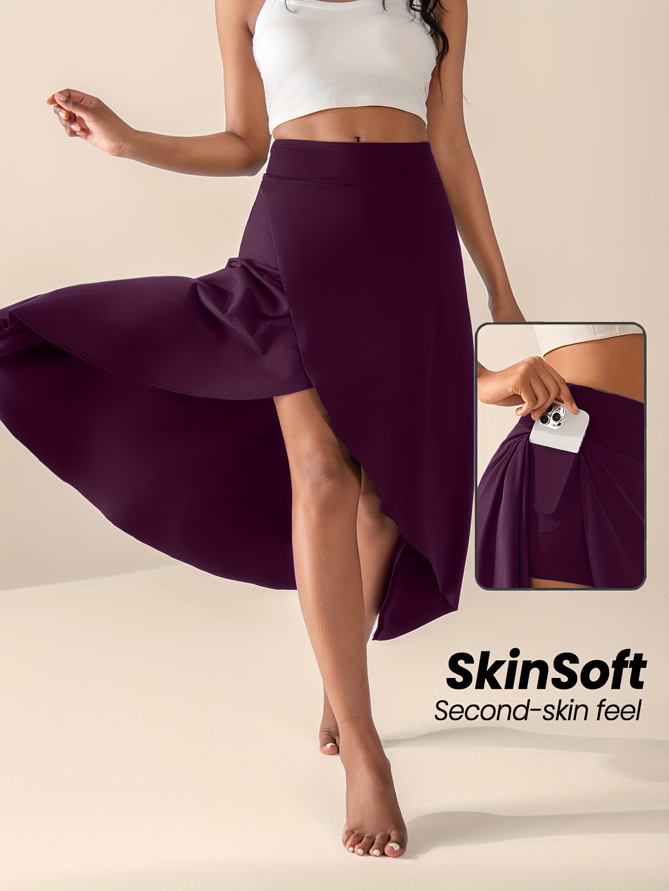 Women's High-Waisted Split Skort with Pockets – Solid Color Casual Sports Skirt – Breathable and  Flexible Activewear