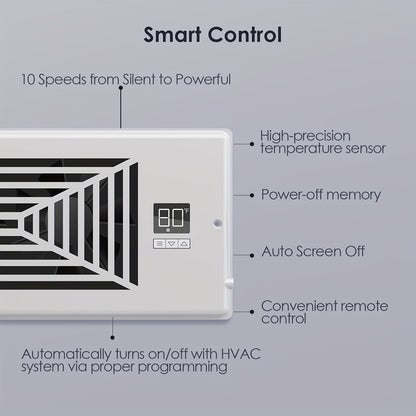 4" x 10" Smart Register Booster Fan – HVAC Building Supplies with Remote Control, Thermostat Control – Quiet Operation for Efficient Heating and Cooling