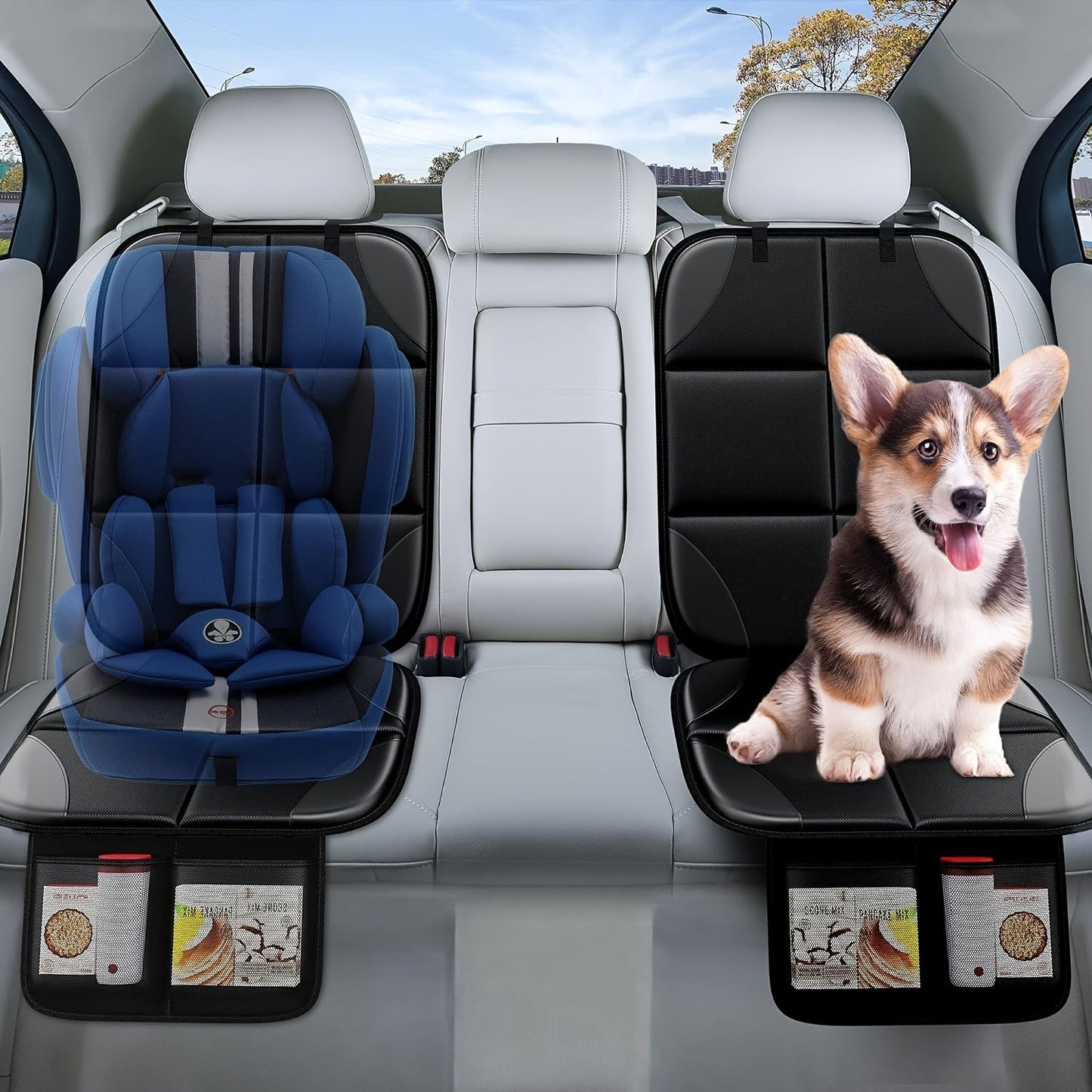2 Piece Car Seat Protector - Waterproof 600D Fabric, Large Seat Cushion with Storage Pockets, Collision Test Approved