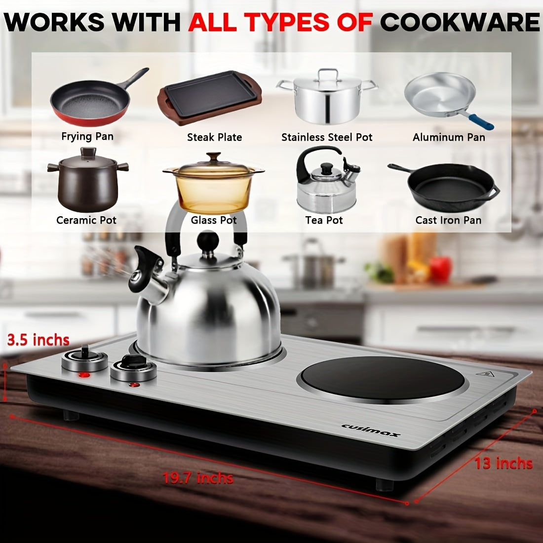 1800W Cusimax Infrared Ceramic Electric Hot Plate - Portable Stainless Steel Countertop Burner with Dual Knob Control - Easy to Clean, Upgraded Version