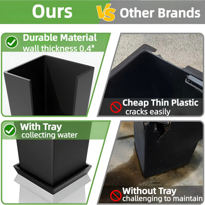 Set of 2 Tall Outdoor Planters – 24 Inch Tapered Square Flower Pots for Indoor & Outdoor Plants, Includes Tray for Trees & Flowers, Black for Patio Garden
