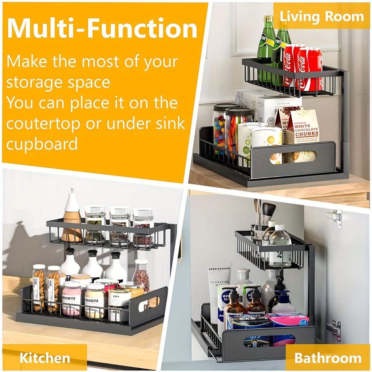 2 Tier Under Sink Organizer: Slide-Out Kitchen & Bathroom Cabinet Storage Shelf, Sturdy Metal Construction