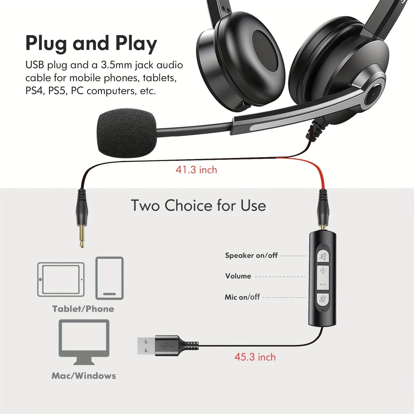 Stereo USB Headset with 3.5mm Jack - Noise Cancelling Microphone, In-Line Volume and Mute Control for PC, Laptop, Business Office, Skype, Zoom