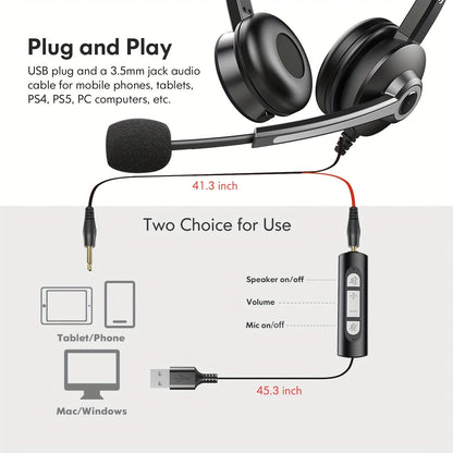 Stereo USB Headset with 3.5mm Jack - Noise Cancelling Microphone, In-Line Volume and Mute Control for PC, Laptop, Business Office, Skype, Zoom
