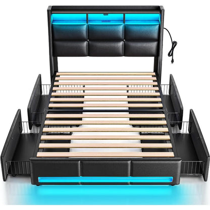 Twin Full Queen Bed Frame with LED Lighting and Charging Station - PU Leather/Neutral Linen Storage Headboard, Drawers, Heavy Duty Wood Slats, Easy Assembly - Modern Bedroom Furniture Upgrade