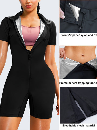 Junlan Women's Full Body Sauna Shapewear Suit – Half-Zipper Short Sleeve One-Piece Romper for Waist Training and Weight Loss