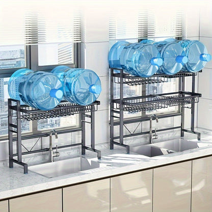 Expandable Stainless Steel Sink and Bowl Rack - 2 Layer Adjustable with Cutlery and Chopstick Rack, Black