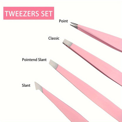 Professional Stainless Steel Tweezers Set – Precision Eyebrow Tweezers for Facial Hair, Splinter & Ingrown Hair Removal, with Storage Bag (Pink)