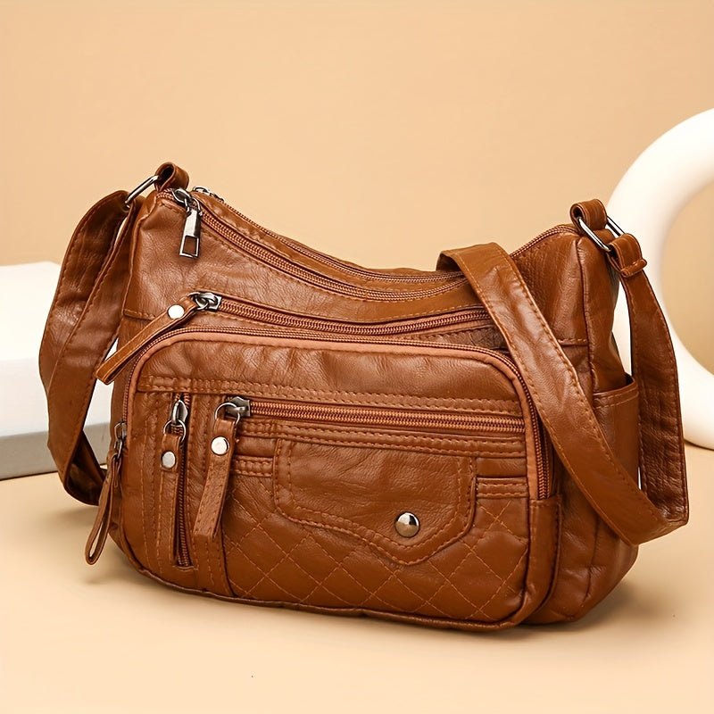 Fashion Multi-Zipper Crossbody Bag – Soft Vegan Leather Shoulder Bag with Multiple Pockets – Women's Handbag Purse