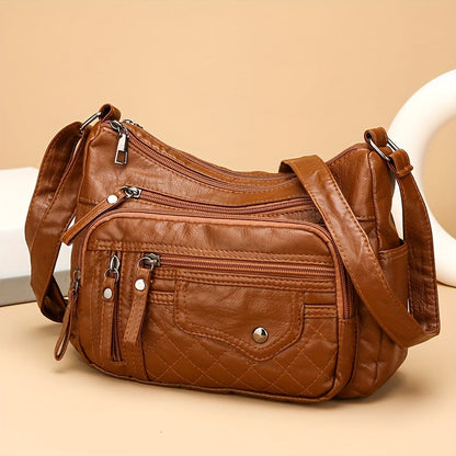 Fashion Multi-Zipper Crossbody Bag – Soft Vegan Leather Shoulder Bag with Multiple Pockets – Women's Handbag Purse