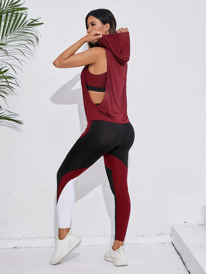 3 Piece Sports Set – Color Block Sports Bra, Drawstring Hooded Tank Top, and Leggings, Women's Activewear