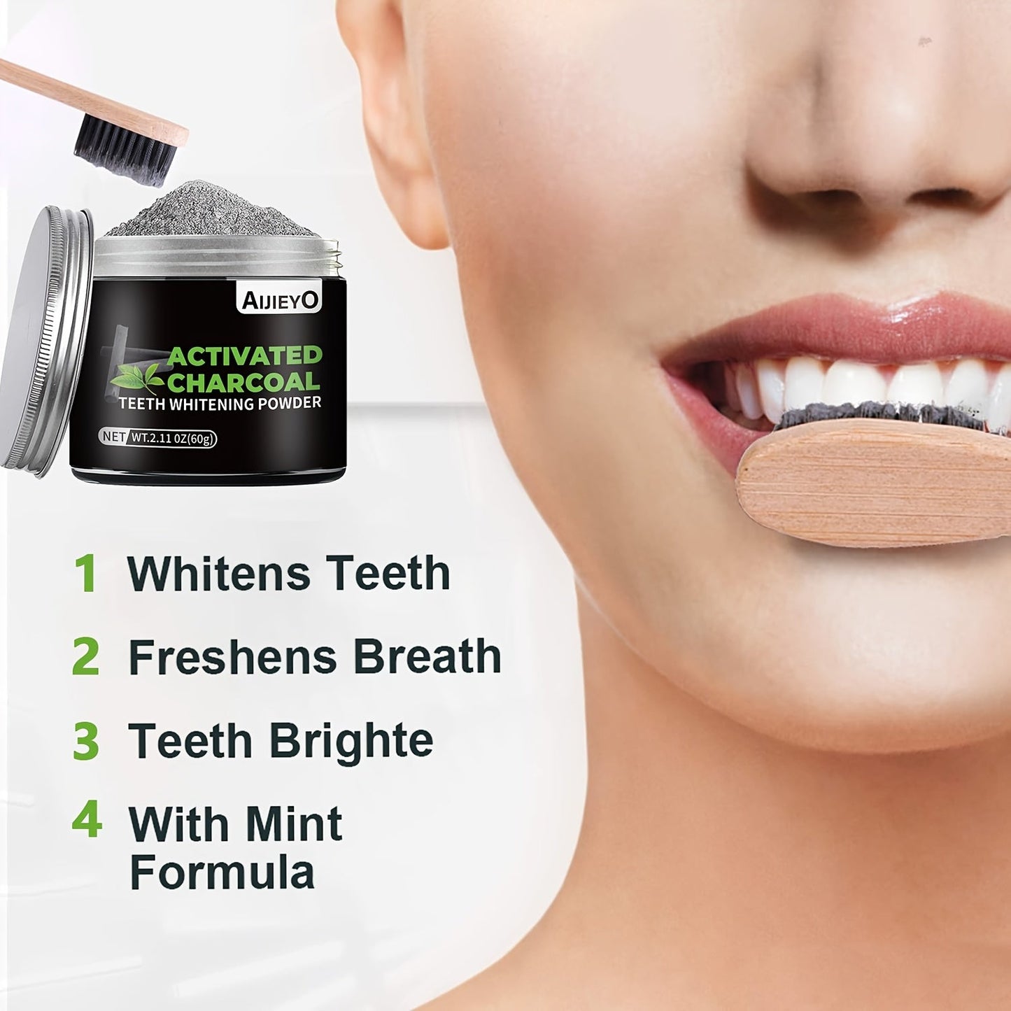 AIJIEYO Activated Charcoal Teeth Whitening Powder – Brightening Tooth Polish, Deep Cleaning, Natural Whitening, Plaque Cleaner, Freshens Breath – Mint Flavor for Daily Use