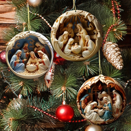12pcs Bible Stories Wooden Decorations Set - Nativity Pendants, 2D Flat & 3D-Like Birth Scene Decor for Home, Holiday & Party Decorations