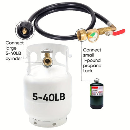 36" Propane Refill Adapter Hose with Pressure Gauge - High-Pressure Camping Grill Connection, 350PSI QCC/Type1 Inlet, 1LB Propane Tank Adapter | ON-Off Control Valve, Durable Construction for Safe Outdoor Cooking