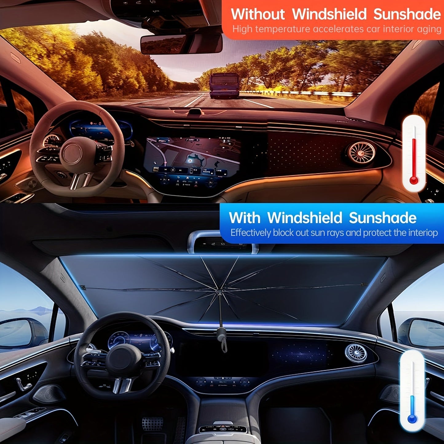 2024 Iridescent Car Windshield Sun Shade Umbrella – 360° Anti-Scratch Handle, Foldable UV Ray Blocking Cover, 10-Layer Fabric Front Windshield Cover (55x31.5 Inch)