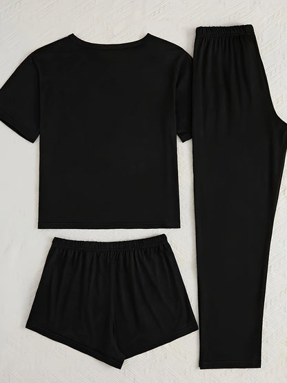Women's 3-Piece Pajama Set – Simple Short Sleeve Sleepwear with 'WEEKEND' Print, Comfy Casual Loungewear