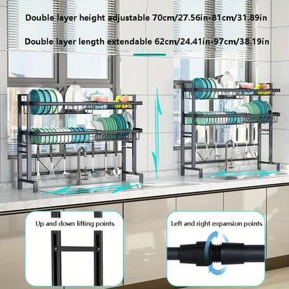 Expandable Stainless Steel Sink and Bowl Rack - 2 Layer Adjustable with Cutlery and Chopstick Rack, Black