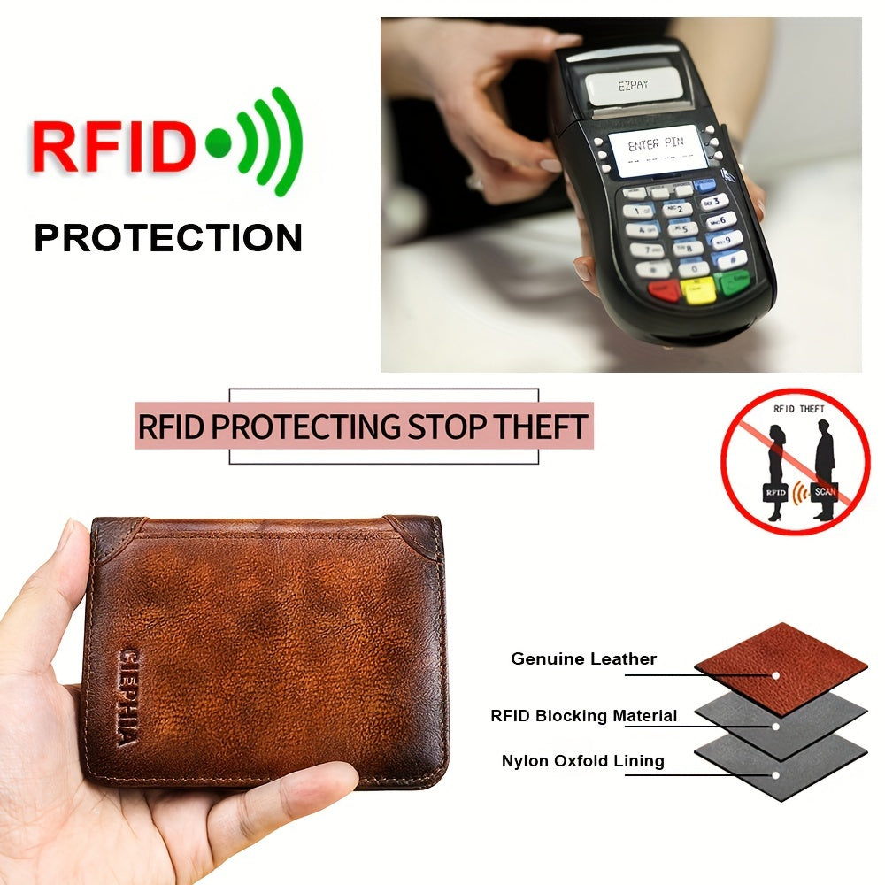RFID Blocking Trifold Genuine Leather Wallet for Men – Vintage Cowhide, Multi-Function Credit Card Holder with Money Clip and 2 ID Windows
