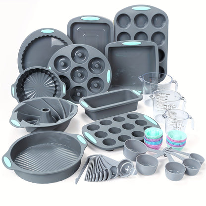 45pcs Silicone Baking Set - Nonstick Bakeware for Cookies, Cakes, Muffins, Bread, Pizza, Mini Cupcakes, Bundt, Charlotte Cake Pan, Includes Measuring Cups & Spoons, Baking Tools