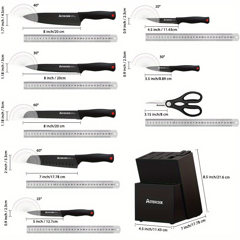 15 Piece Astercook Premium Knife Set - German Steel, Dishwasher Safe, Includes Elegant Black Block and Built-In Sharpener for Precision Cutting