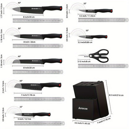 15 Piece Astercook Premium Knife Set - German Steel, Dishwasher Safe, Includes Elegant Black Block and Built-In Sharpener for Precision Cutting