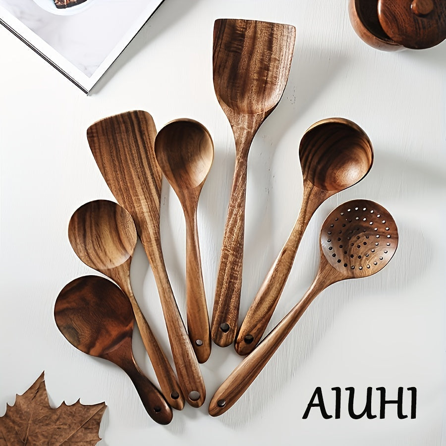7pcs Premium Teak Wooden Cooking Spoons Set - Ergonomic Non-Stick Spatula with Soft Grip Handle - Perfect for Back to School, Kitchen Essentials, and Culinary Arts
