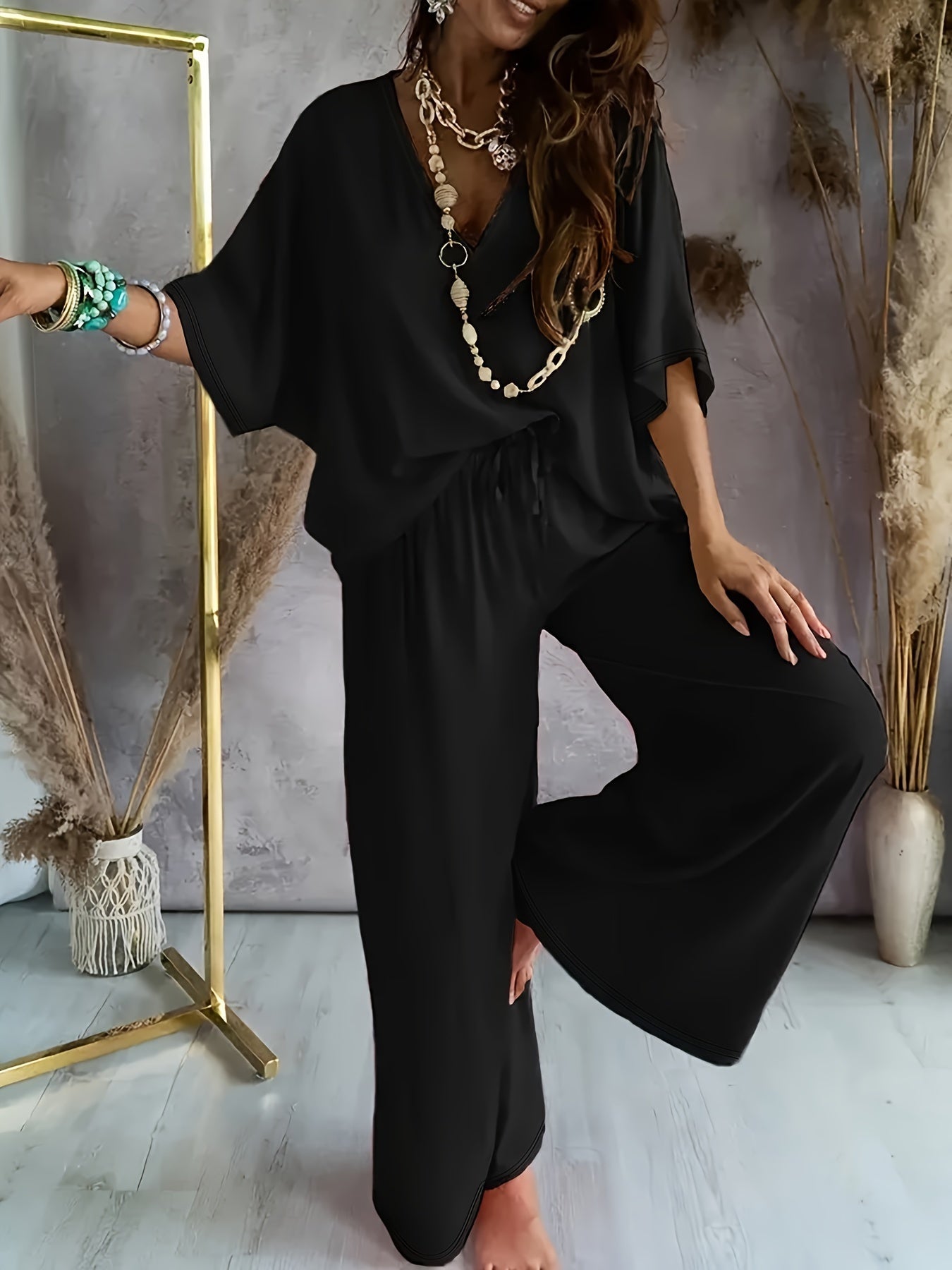 Women's Elegant Solid Color Knit V-Neck Half Sleeve Top and Wide Leg Pants Set – Micro Elasticity, Polyester Fabric, Spring/Summer Casual Outfit