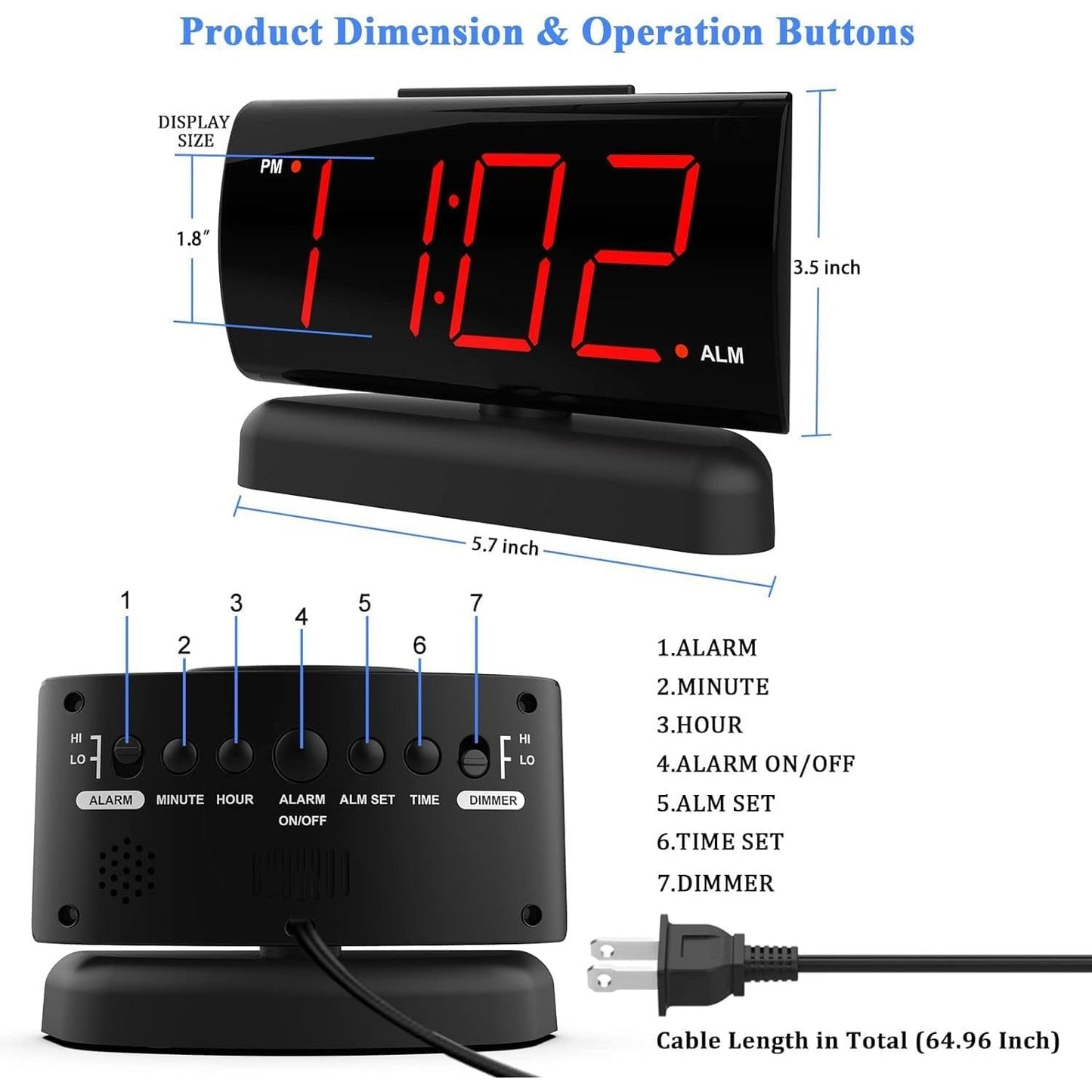 Big Digit Alarm Clock with Swivel Base – 2-Level Alarm Sound & Brightness, 12H Format, Outlet Powered Bedside Clock (B-Red)