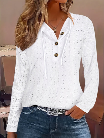 Solid Color Button Eyelet Hoodie – Casual Long Sleeve Drawstring Sweatshirt – Women's Clothing