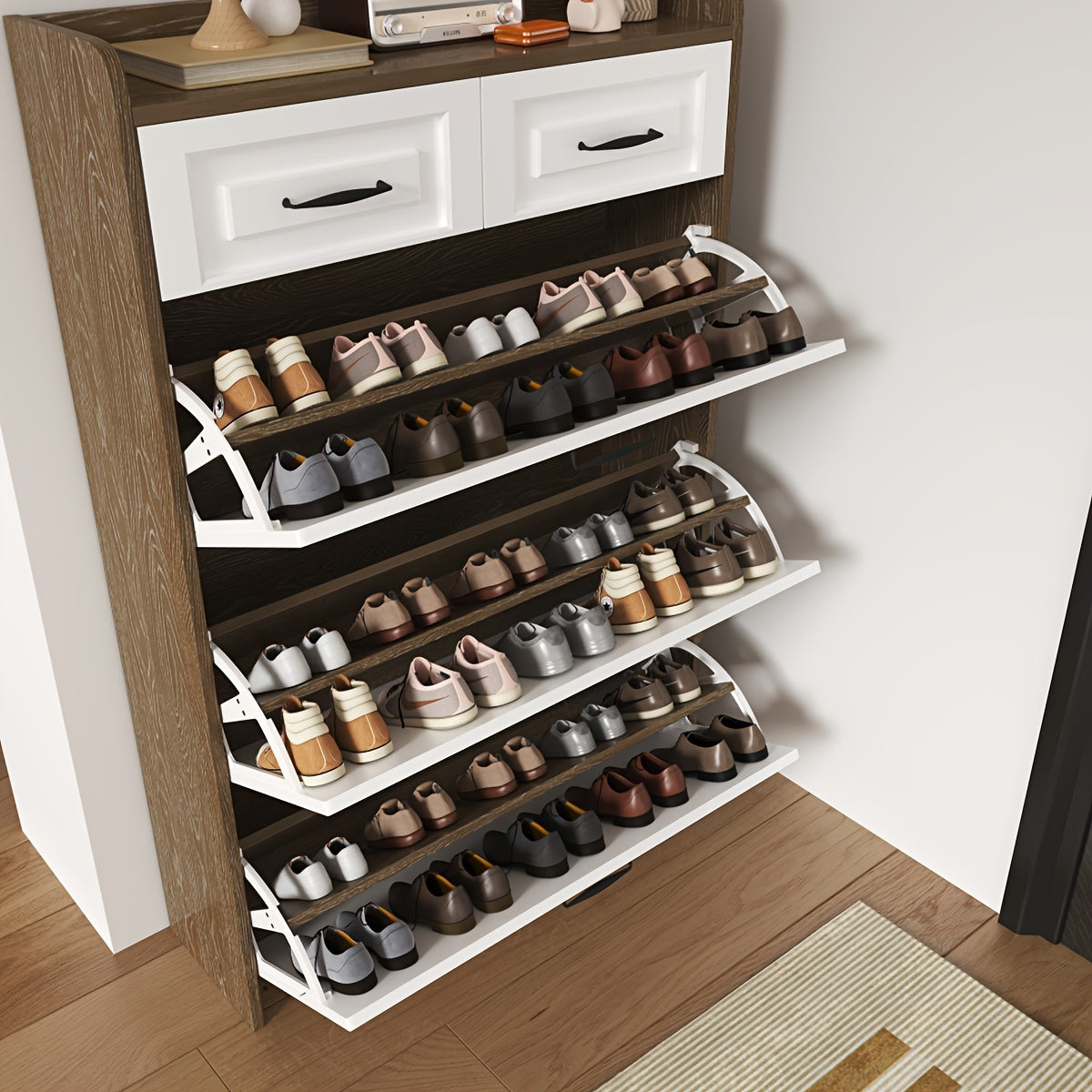 Narrow Shoe Cabinet Set – 3 Doors and 2 Drawers, Wooden Hallway Shoe Rack, White Flip-Style, Ideal for Corridors and Apartments