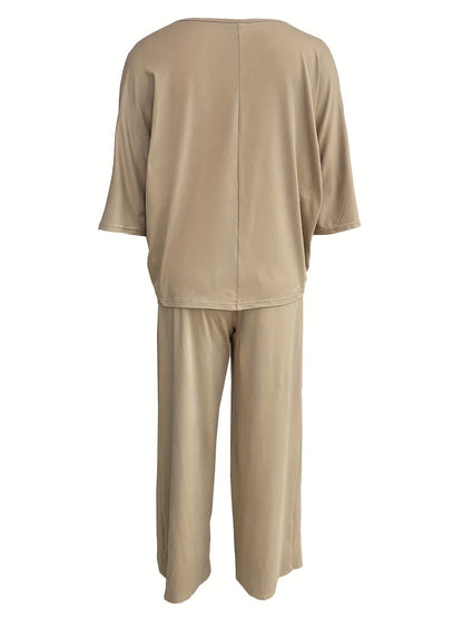Women's Elegant Solid Color Knit V-Neck Half Sleeve Top and Wide Leg Pants Set – Micro Elasticity, Polyester Fabric, Spring/Summer Casual Outfit