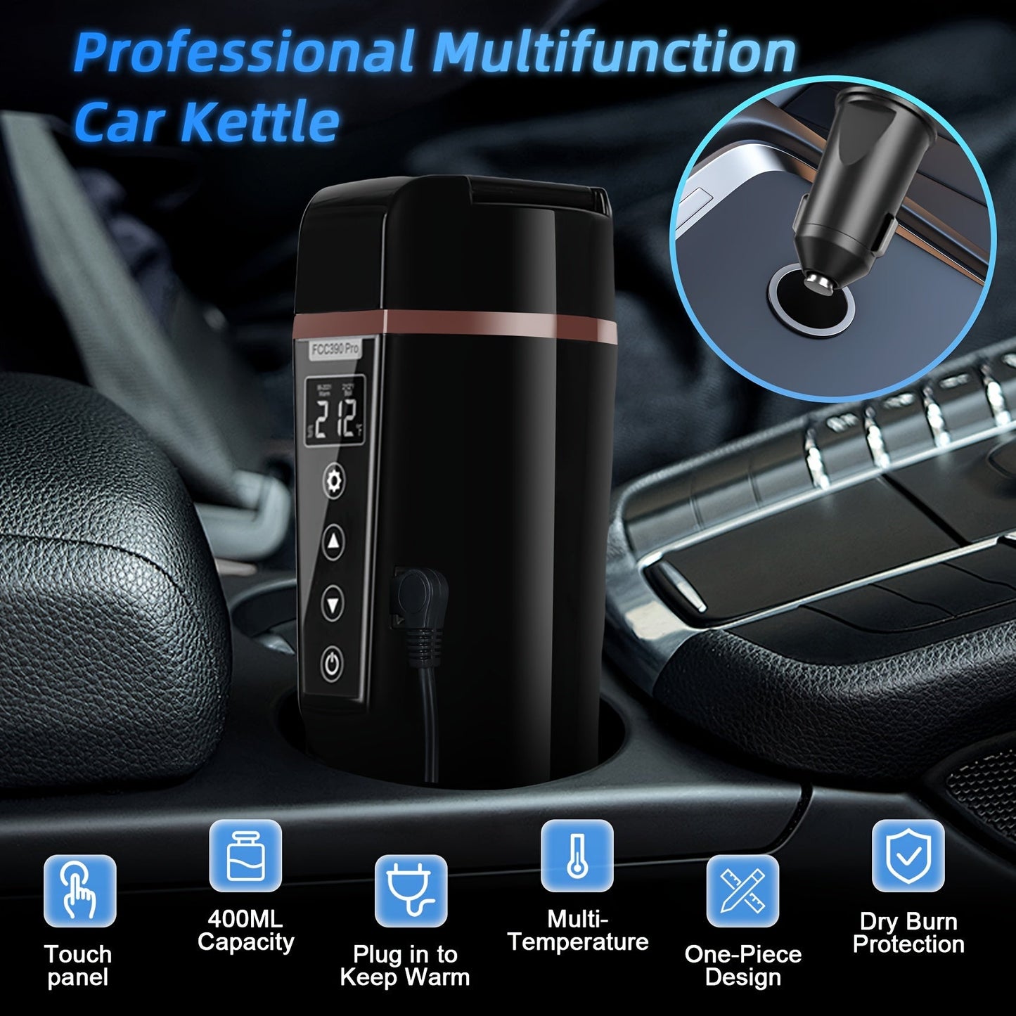 12V/24V Car Electric Kettle - Travel Portable Fast Water Boiler and Heater with Adjustable Temperature - 304 Stainless Steel Travel Mug for Coffee and Tea, Dry Burn Protection