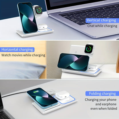 3-in-1 Wireless Charging Station: 15W Fast Mag-Safe Charger Stand with QC3.0 Adapter for iPhone 15/14/13/12/11, x 8 Pro Max/Pro/Mini/Plus, iWatch Ultra 9/8/7/6/5/4/3/2, AirPods 3/2
