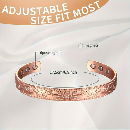 Women's Copper Magnetic Bracelet – Vintage Flower Design, 3500 Gauss Strength, Adjustable Cuff Bracelet