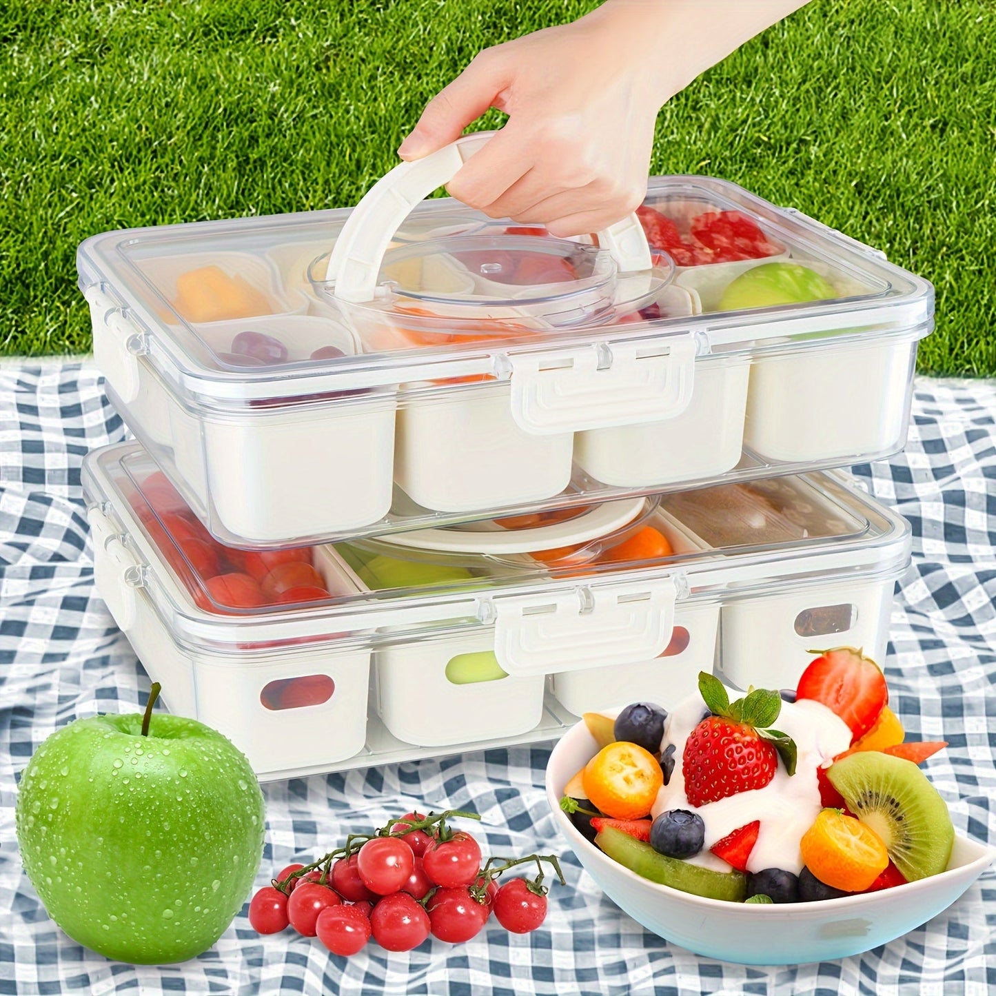 Divided Serving Tray with Handle - Lid and Removable Snack Box, 8-Compartment Fruit Container, Food Storage, Snack and Lunch Organizer, Fridge Platter for Candy, Party, Salad
