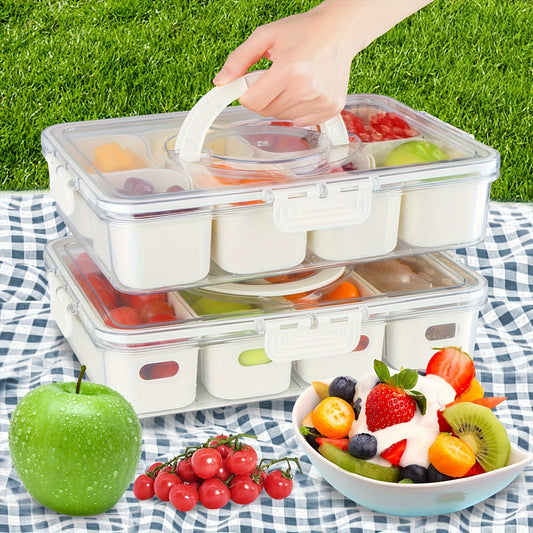 Divided Serving Tray with Handle - Lid and Removable Snack Box, 8-Compartment Fruit Container, Food Storage, Snack and Lunch Organizer, Fridge Platter for Candy, Party, Salad