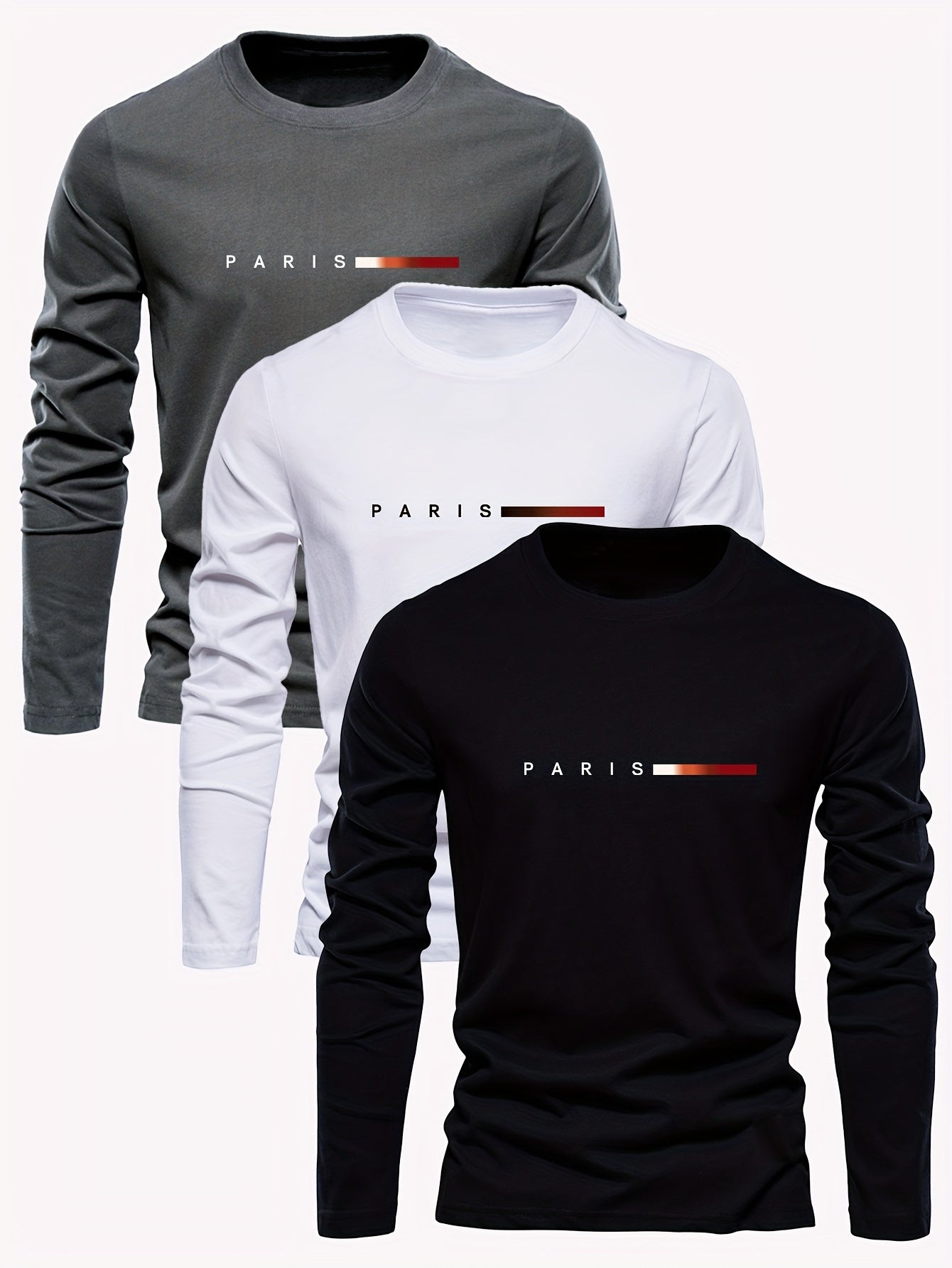Men's 3-Pack 100% Cotton Long Sleeve T-Shirts - Casual Crew Neck with Paris Applique, Breathable Letter Print Tops for Spring/Fall