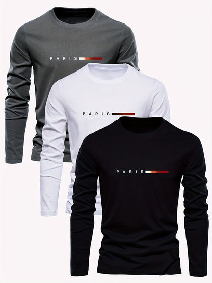 Men's 3-Pack 100% Cotton Long Sleeve T-Shirts - Casual Crew Neck with Paris Applique, Breathable Letter Print Tops for Spring/Fall
