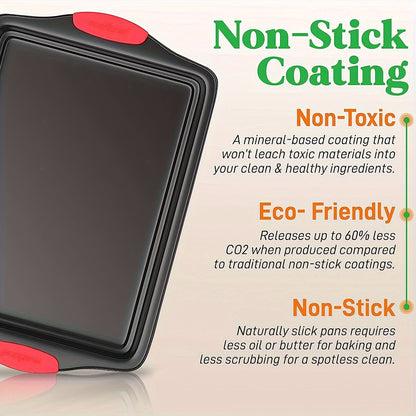 3 Pack Oven Baking Tray - Carbon Steel Non-Stick Kitchen Trays with Red Silicone Handles - Luxurious, Commercial-Grade Quality