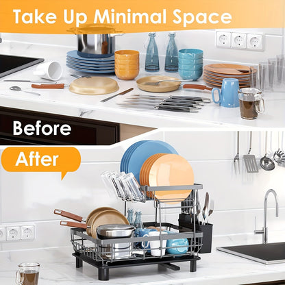 2-Tier Iron Bowl and Dish Drying Rack - Space-Saving Kitchen Organizer with Knife Cup and Tableware Holder - Rust-Resistant Metal Construction for Easy Cleaning