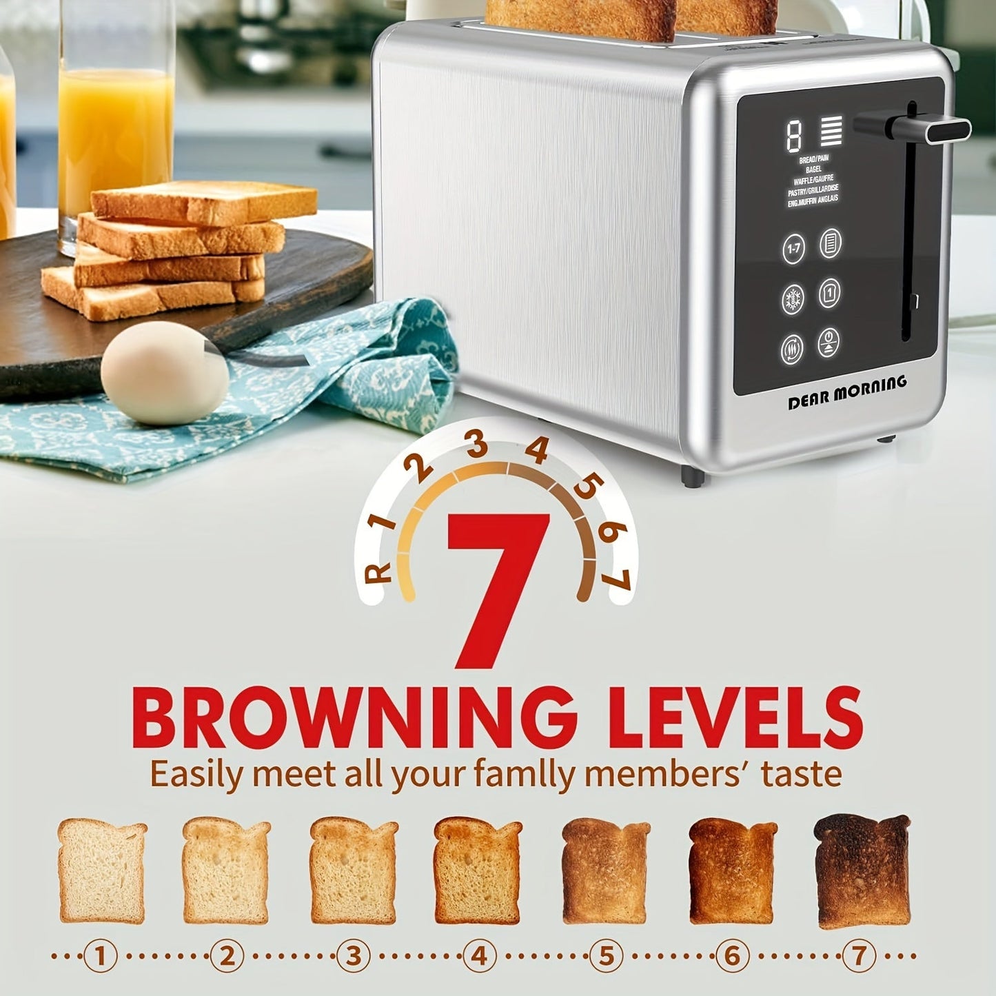 1.5 Inch 2-Slice Smart Digital Toaster - Touch Screen, 5 Bread Selections, 7 Shade Settings, Bagel/Defrost/Cancel/Reheat Functions, Removable Crumb Tray, Stainless Steel