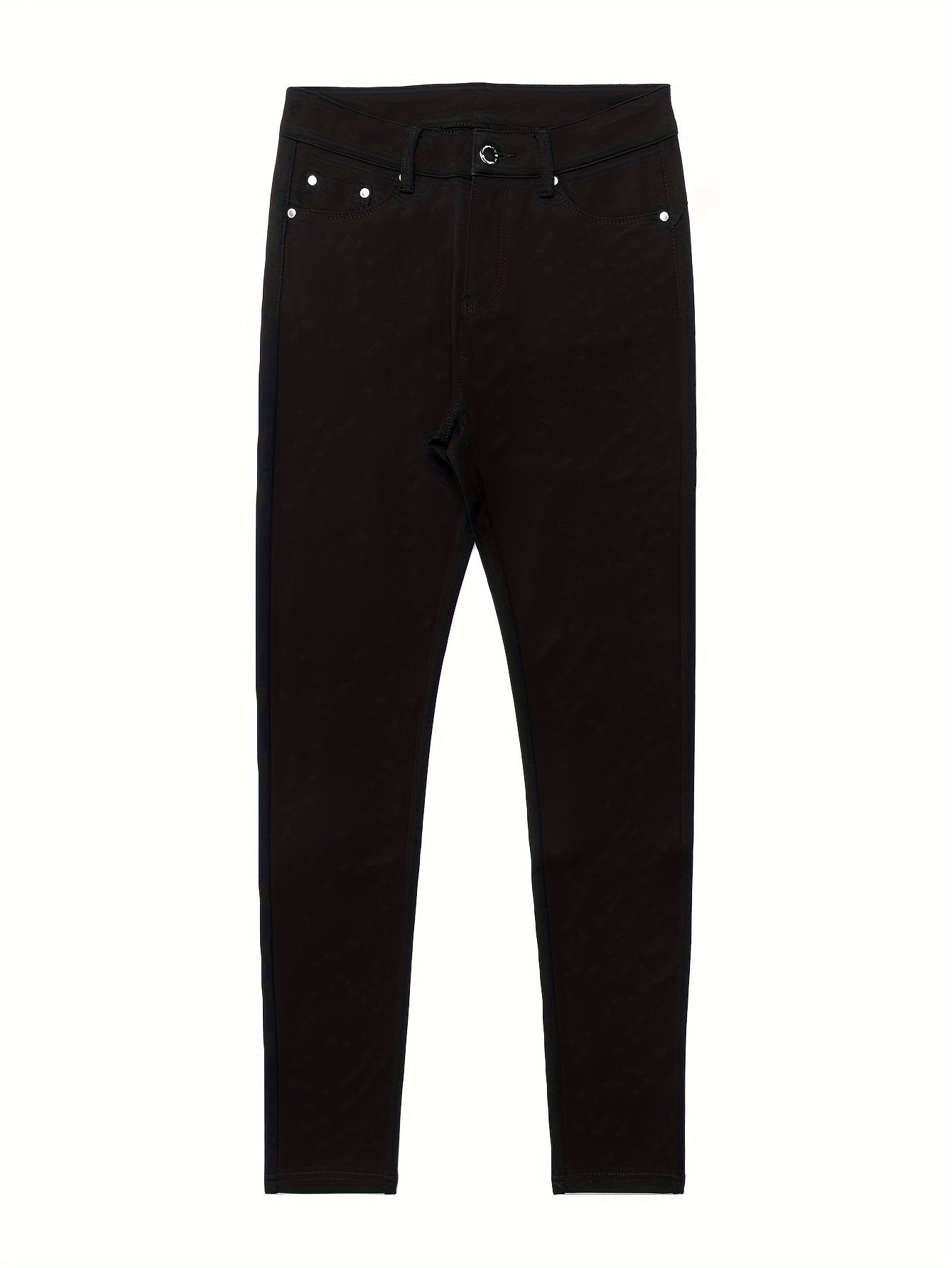 Women's High Waist Stretch Jeans - Street Style Skinny Denim Pants with Metal Button Details, Plain Black Casual Fashion